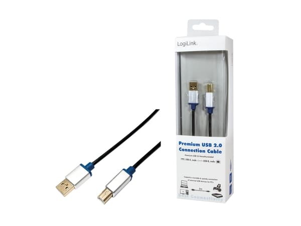 LogiLink 2m, USB2.0-A/USB2.0-B, 2 m, USB A, USB B, USB 2.0, Hane/Hane, Svart