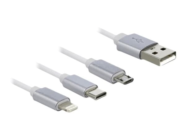 Delock - Lightning-kabel - USB hane till mikro-USB typ B, Lightning, 24 pin USB-C hane - 98 cm - vit - indragbar, platt