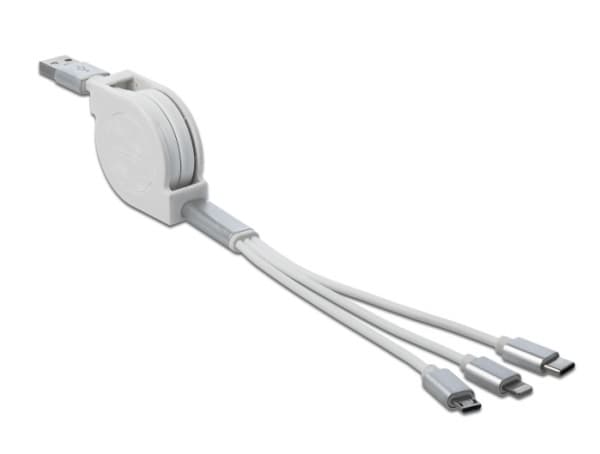 Delock - Lightning-kabel - USB hane till mikro-USB typ B, Lightning, 24 pin USB-C hane - 98 cm - vit - indragbar, platt