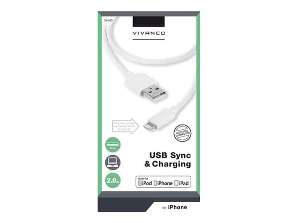 Vivanco LIGHTNVVUSBCABLE20 - Lightning-kabel - Lightning hane till USB hane - 2 m - vit