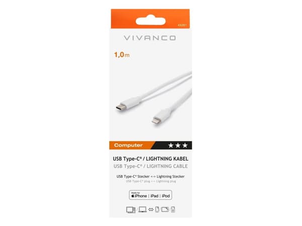 Vivanco CC UC L 10, 1 m, Lightning, USB C, Honkoppling, Hankoppling, Vit