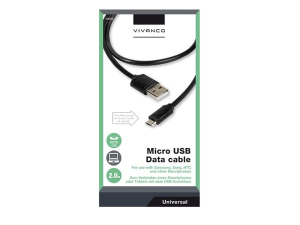 Vivanco DVVVMCUSB20BK - USB-kabel - mikro-USB typ B (hane) till USB (hane) - USB 2.0 - 2 m - formpressad - svart