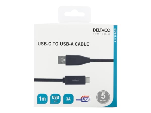 DELTACO USBC-1004M - USB-kabel - USB-C (hane) till USB (hane) - USB 2.0 - 3 A - 1 m - svart