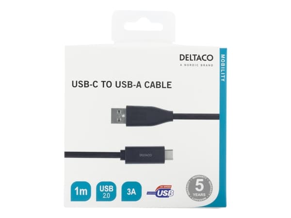 DELTACO USBC-1004M - USB-kabel - USB-C (hane) till USB (hane) - USB 2.0 - 3 A - 1 m - svart