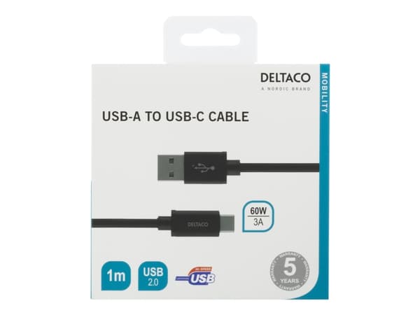 DELTACO USBC-1132M - USB-kabel - USB (hane) till USB-C (hane) - USB 2.0 - 3 A - 1 m - USB Power Delivery (3A, 60W) - svart