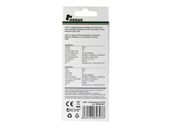 Argus IT-810 - Nettverksadapter - USB 3.0 - Gigabit Ethernet - svart
