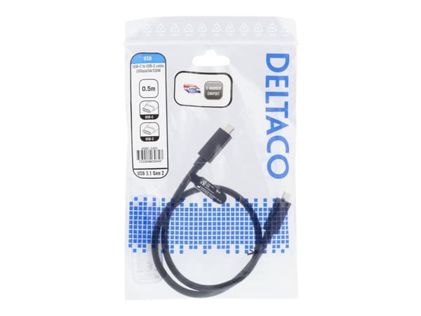 DELTACO USBC-1401 - USB-kabel - USB-C (hane) till USB-C (hane) - USB 3.1 Gen 2 - 5 A - 50 cm - USB-strömleverans (5A, 100W) - svart
