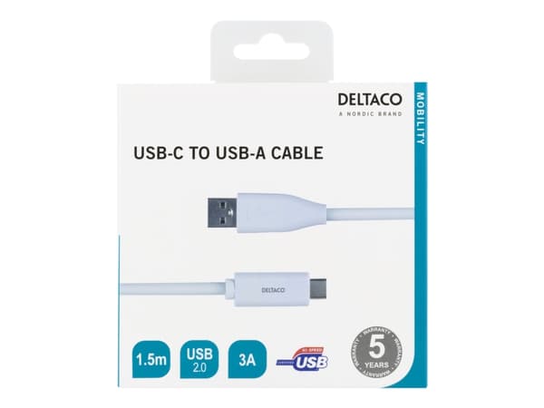 DELTACO USBC-1010M - USB-kabel - USB-C (hann) til USB (hann) - USB 2.0 - 3 A - 1.5 m - hvit