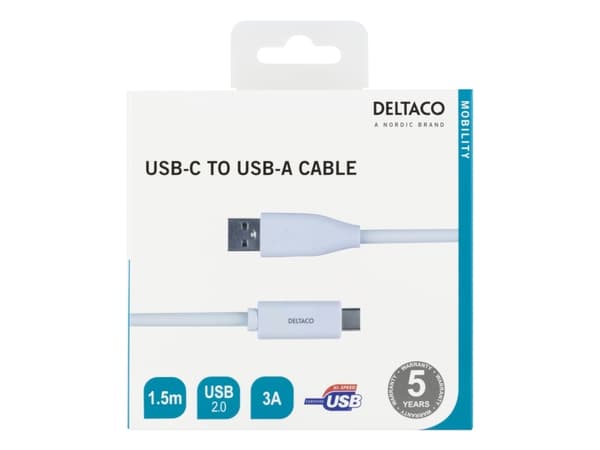 DELTACO USBC-1010M - USB-kabel - USB-C (hann) til USB (hann) - USB 2.0 - 3 A - 1.5 m - hvit