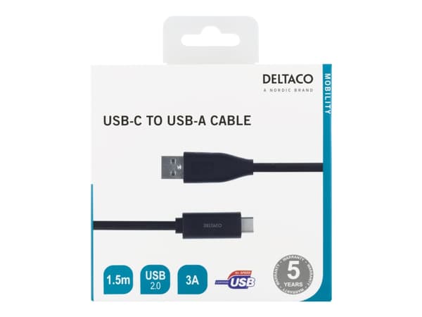 DELTACO USBC-1005M - USB-kabel - USB-C (hane) till USB (hane) - USB 2.0 - 3 A - 1,5 m - svart