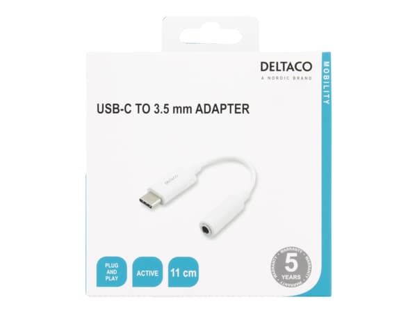 Deltaco USBC-1145, Valkoinen, USB C, 3.5mm, 0,11 m, Uros, Naaras