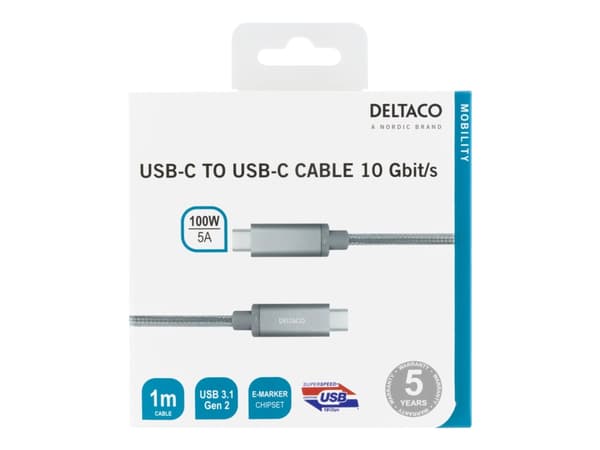 DELTACO USBC-1417M - USB-kabel - USB-C (hane) till USB-C (hane) - USB 3.1 Gen 2 - 5 A - 1 m - USB-strömleverans (5A, 100W) - silver