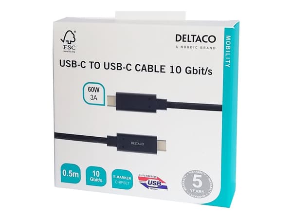 DELTACO USBC-1121M - USB-kabel - 24 pin USB-C (hane) till 24 pin USB-C (hane) - USB 3.1 Gen 2 - 50 cm - USB Power Delivery (3A, 60W) - svart