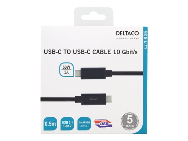 DELTACO USBC-1121M - USB-kabel - 24 pin USB-C (hane) till 24 pin USB-C (hane) - USB 3.1 Gen 2 - 50 cm - USB Power Delivery (3A, 60W) - svart
