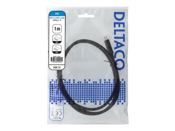 DELTACO USBC-2001 - USB-kabel - USB-C (hane) till USB-C (hane) - USB 2.0 - 3 A - 1 m - svart