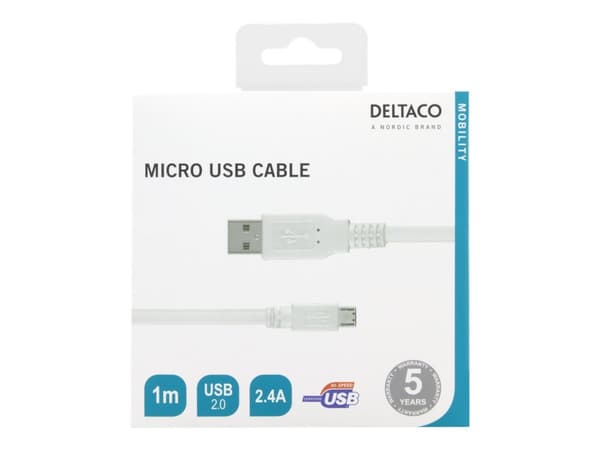 DELTACO MICRO-105 - USB-kabel - mikro-USB typ B (hane) till USB (hane) - USB 2.0 - 1 m - vit