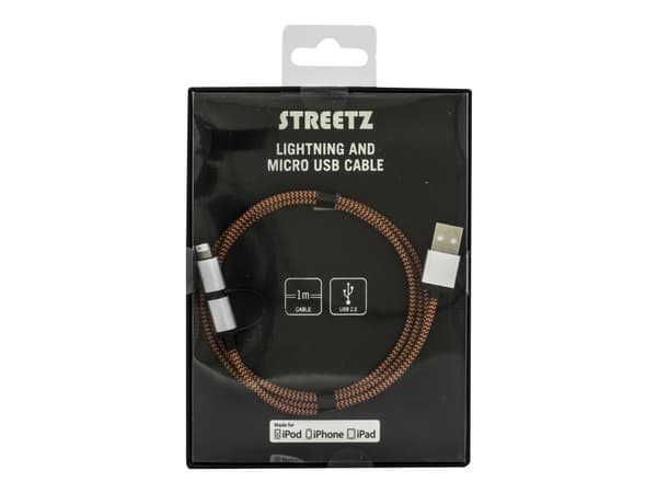 Streetz IPLH-241 - Data-/strömkabel - USB hane till mikro-USB typ B, Lightning hane - 1 m - orange