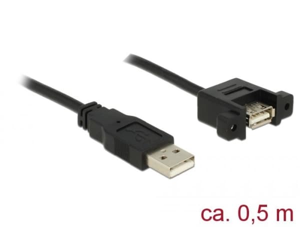 Delock - USB-förlängningskabel - USB (hane) till USB (hona) kan monteras på panel - USB 2.0 - 50 cm - svart