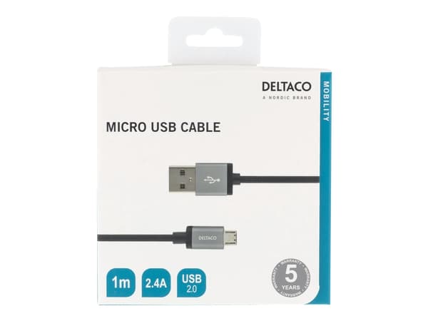 DELTACO MICRO-110F - USB-kabel - USB (hane) till mikro-USB typ B (hane) - USB 2.0 - 1 m - svart