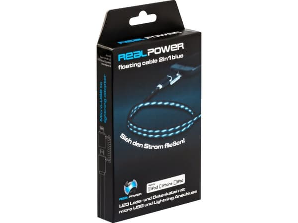 RealPower USB A/Lightning 0.75m, 0,75 m, Lightning, USB A, Svart, Blå, Rak, Rak