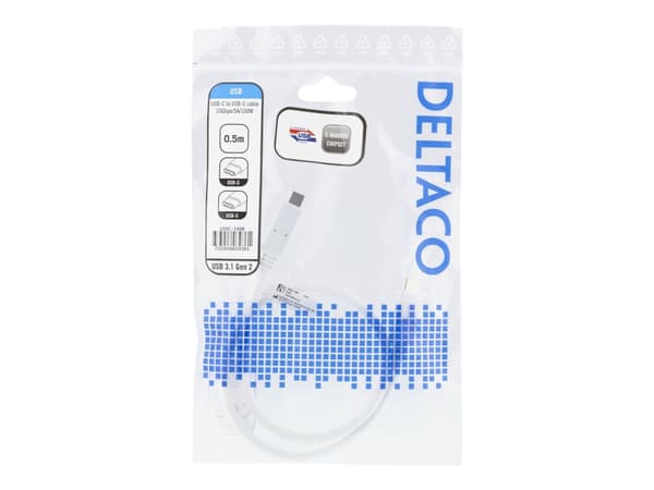 DELTACO USB-C to USB-C cable, 0.5m, 10Gbps, 100W 5A, USB 3.1 Gen 2, E-