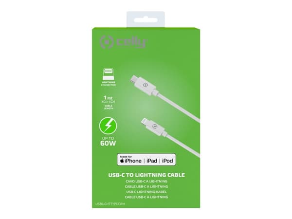 Celly - Lightning-kabel - 24 pin USB-C hann til Lightning hann - 1 m - hvit - Power Delivery-støtte