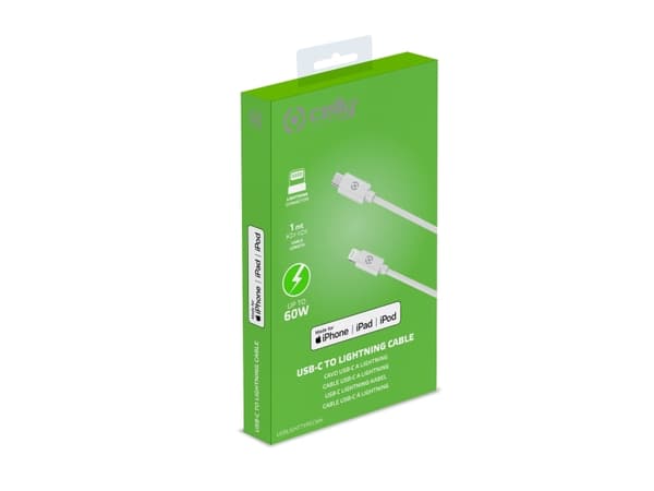 Celly - Lightning-kabel - 24 pin USB-C hann til Lightning hann - 1 m - hvit - Power Delivery-støtte