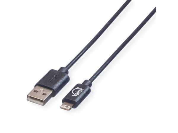 Value USB A/Lightning 1m, 1 m, Lightning, USB A, Musta, Suora, Suora