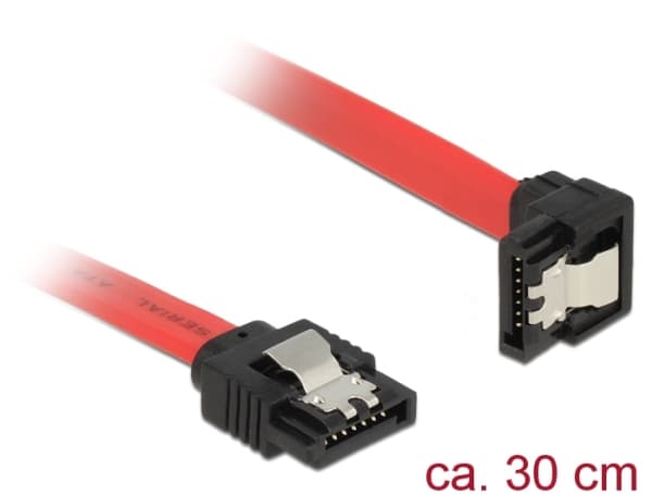 Delock - SATA-kabel - Serial ATA 150/300/600 - SATA (hane) till SATA (hane) - 30 cm - 90° kontakt, sprintlåsning - röd