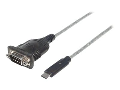Manhattan USB-C to Serial Converter, Male to Male, USB-C to Serial/RS232/COM/DB9 Port, Prolific PL-2303RA Chip, Cable 45cm, Silver/Black, Polybag - S