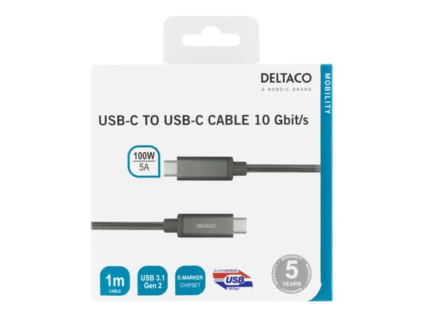 DELTACO USBC-1412M - USB-kabel - USB-C (hann) til USB-C (hann) - USB 3.1 Gen 2 - 5 A - 1 m - USB Power Delivery (5 A, 100 W) - romgrå