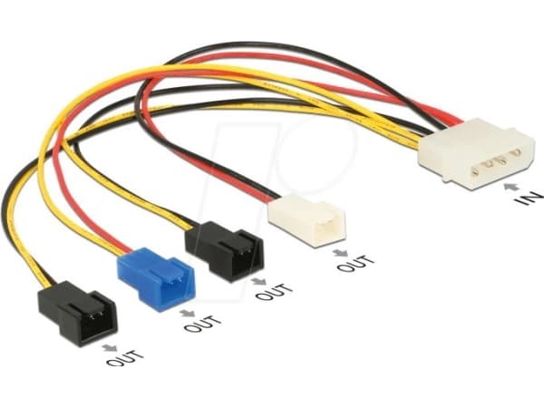 Delock Molex 4 pin > 4 x 2 pin fan (12 V / 7 V / 5 V) - Viftestrømkabel - 4-pin intern strøm (hann) til 2 pin Molex - 20 cm