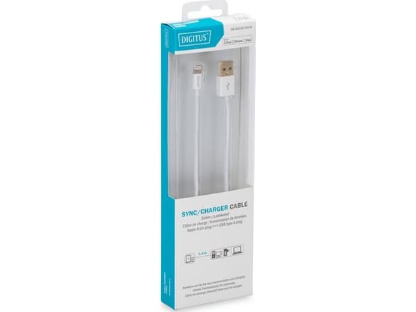 DIGITUS - Lightning-kabel - Lightning hane till USB hane - 1 m - dubbelt skärmad - vit - formpressad