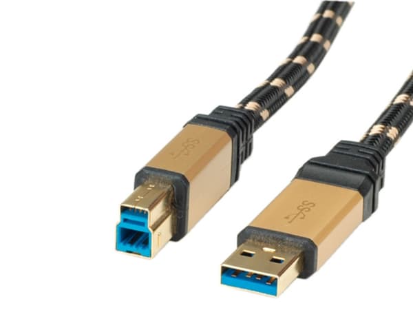 ROLINE 11.02.8900, 0,8 m, USB A, USB B, USB 3.2 Gen 1 (3.1 Gen 1), Hankjønn/hankjønn, Sort, Gull