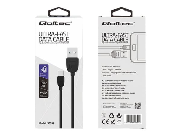 Qoltec - USB-kabel - 24 pin USB-C (han) till USB (han) - 1,2 m - sort