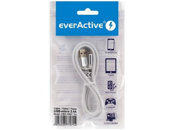 everActive USB-kabel 1m - vit, silikon, stöder snabbladdning, 2,4A - CBS-1MW