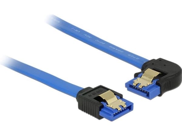 Delock - SATA-kabel - Serial ATA 150/300/600 - SATA (R) vänstervinklad till SATA (R) rak - 30 cm - sprintlåsning - blå