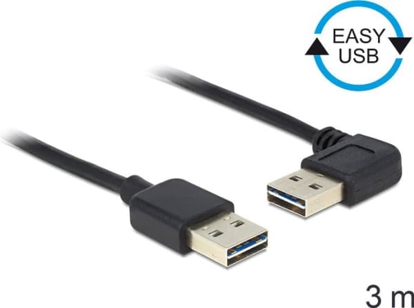DeLOCK EASY-USB - USB-kabel - USB (han) til USB (han) - USB 2.0 - 3 m - 90° stikforbindelse - sort