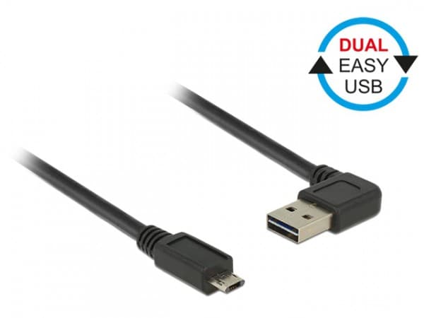 Delock Easy - USB-kabel - USB (hane) vänster-/högervinklad till mikro-USB typ B (hane) rak - USB 2.0 - 50 cm - reversibla kontakter - svart