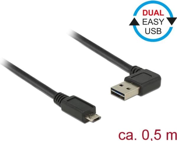 Delock Easy - USB-kabel - USB (hane) vänster-/högervinklad till mikro-USB typ B (hane) rak - USB 2.0 - 50 cm - reversibla kontakter - svart