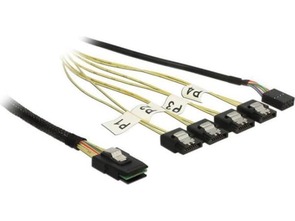 DeLOCK 1m, Mini SAS SFF-8087/4xSATA 7p, 1 m, Mini SAS SFF-8087, 4 x SATA 7p, Uros/naaras, Musta, Hopea, Keltainen