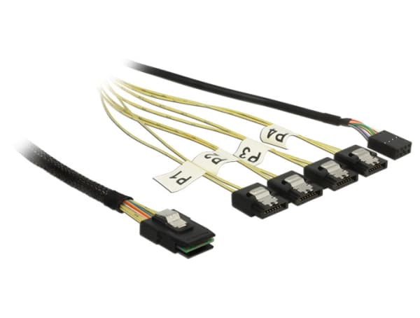 DeLOCK 1m, Mini SAS SFF-8087/4xSATA 7p, 1 m, Mini SAS SFF-8087, 4 x SATA 7p, Uros/naaras, Musta, Hopea, Keltainen