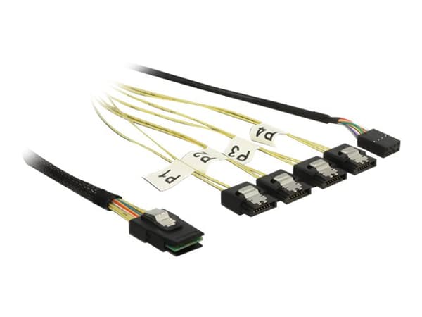 DeLOCK 1m, Mini SAS SFF-8087/4xSATA 7p, 1 m, Mini SAS SFF-8087, 4 x SATA 7p, Uros/naaras, Musta, Hopea, Keltainen