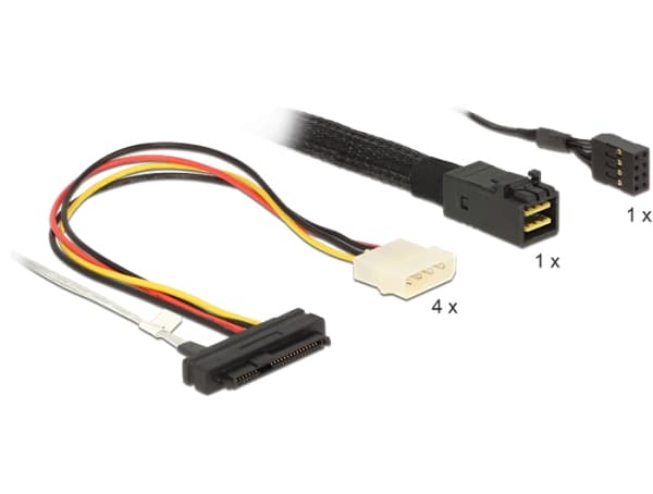 Delock - SAS intern kabel - med sidebånd - SAS 6Gbit/s - 29-pins intern SAS (SFF-8482) (hunn) til 4-pin intern strøm, 4 x Mini SAS HD (SFF-8643) (han