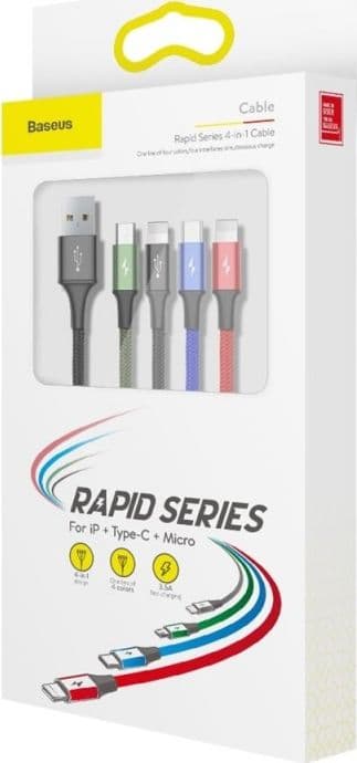 Baseus KB2L435A12BK, Svart, Blå, Grön, Röd, USB A, 2 x Lightning + micro-USB B + USB C, 1,2 m, Hankoppling, Hankoppling