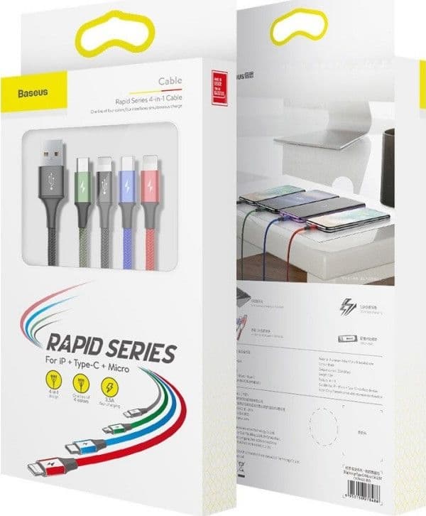 Baseus KB2L435A12BK, Svart, Blå, Grön, Röd, USB A, 2 x Lightning + micro-USB B + USB C, 1,2 m, Hankoppling, Hankoppling