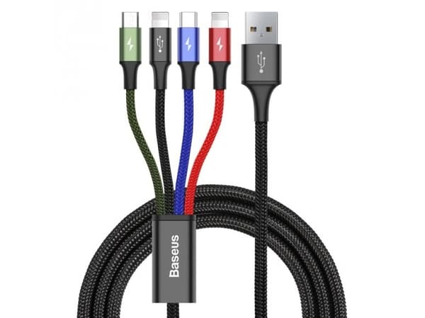 Baseus KB2L435A12BK, Svart, Blå, Grön, Röd, USB A, 2 x Lightning + micro-USB B + USB C, 1,2 m, Hankoppling, Hankoppling
