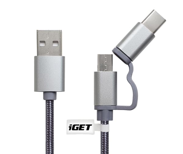 iGET G2V1, 1 m, USB A, USB C/Micro-USB A, Metallisk, Sølv