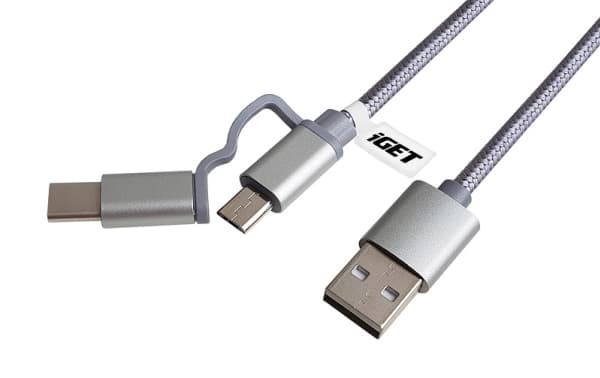 iGET G2V1, 1 m, USB A, USB C/Micro-USB A, Metallisk, Sølv