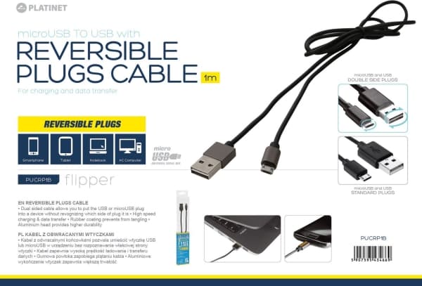USB cable Platinet MICRO USB TO USB CABLE WITH REVERSIBLE PLUGS 1M BLACK (43466)